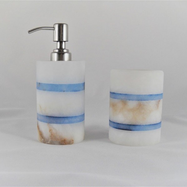 Set accessori bagno 2 pezzi in Alabastro con dispenser e portaspazzolini linee blu